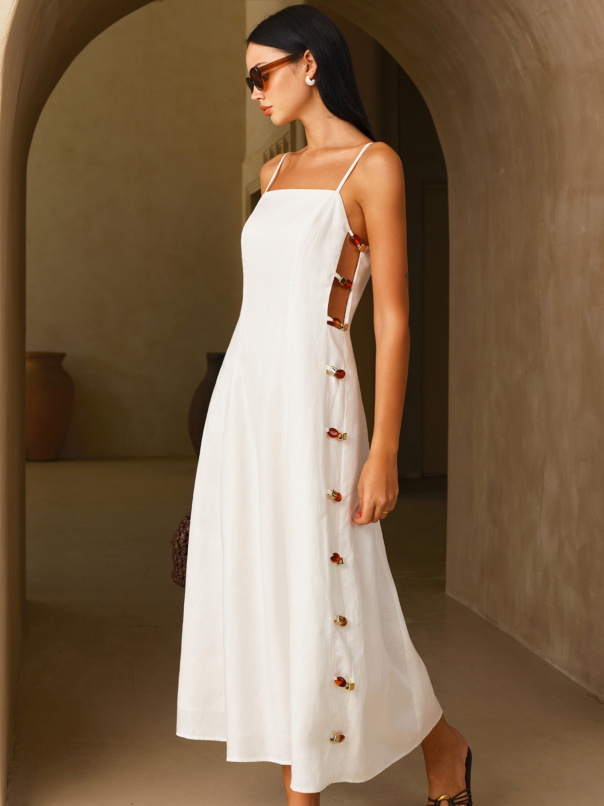 Linen-Blend Amber Detail Cami Midi Dress with Adjustable Straps