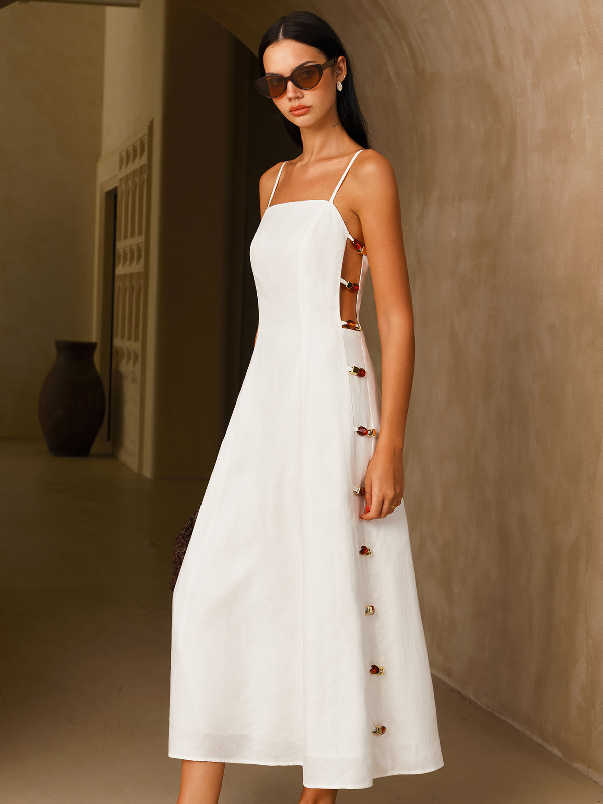 Linen-Blend Amber Detail Cami Midi Dress with Adjustable Straps