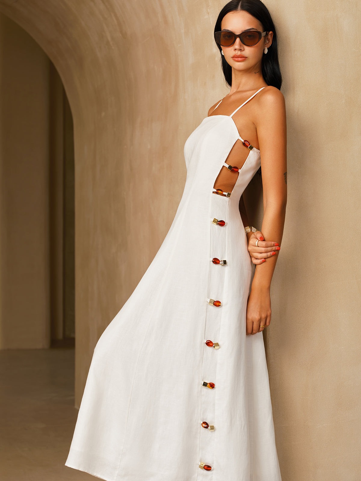 Linen-Blend Amber Detail Cami Midi Dress with Adjustable Straps