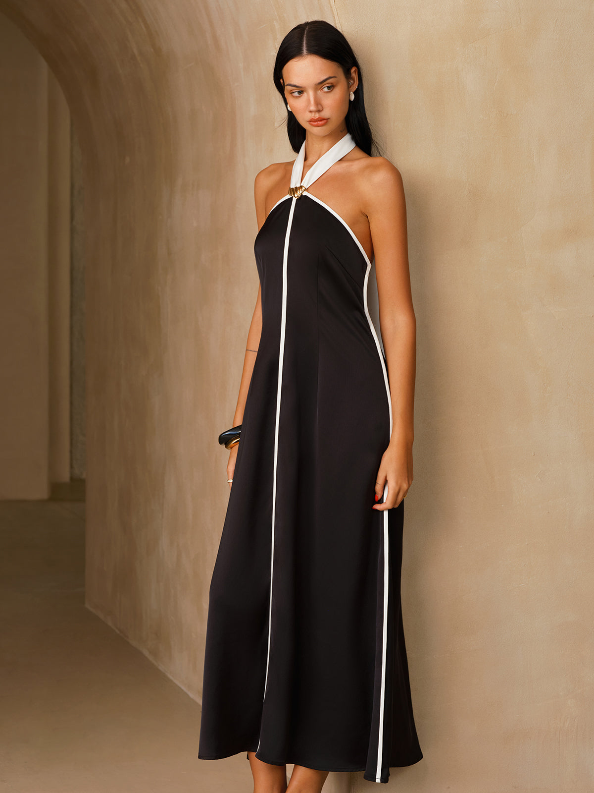 Satin Contrast Trim Halter Midi Dress with Side Slit Detail