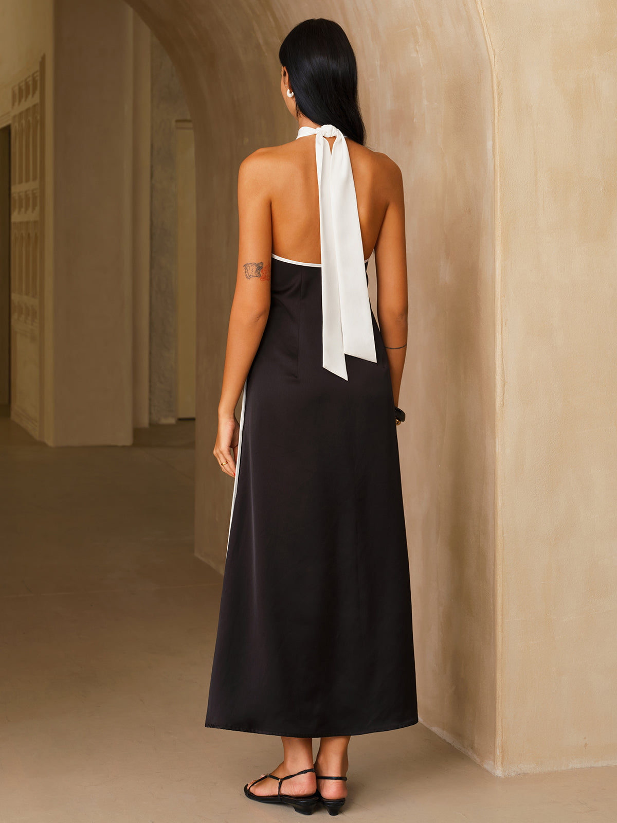 Satin Contrast Trim Halter Midi Dress with Side Slit Detail