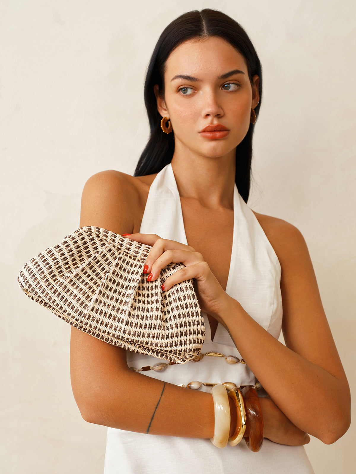 Houndstooth Woven Ruched Clutch Bag with Shoulder Strap