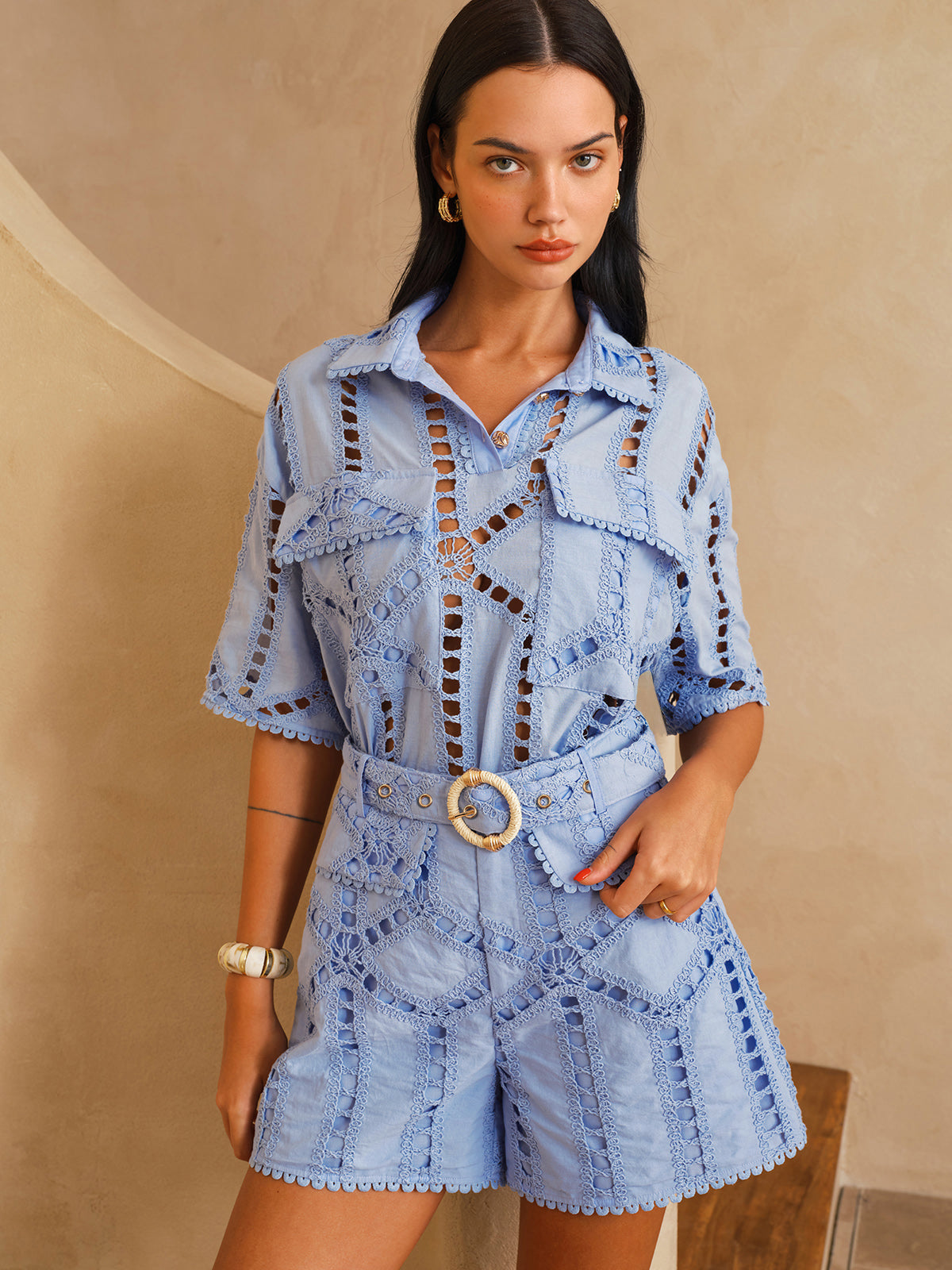 Eyelet Embroidery Mid-Waist Belted Shorts Women's Summer Fashion