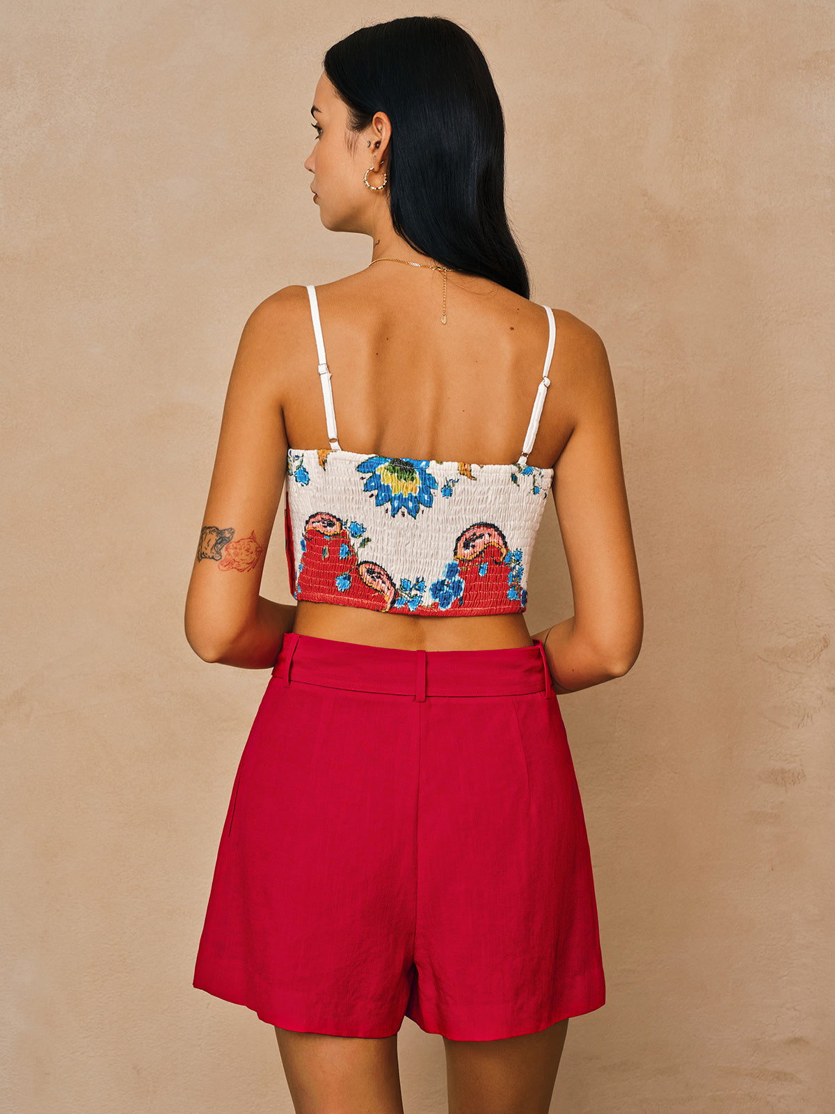 Floral Print Pleated Cami Top & Belted Shorts Set for Summer Beachwear
