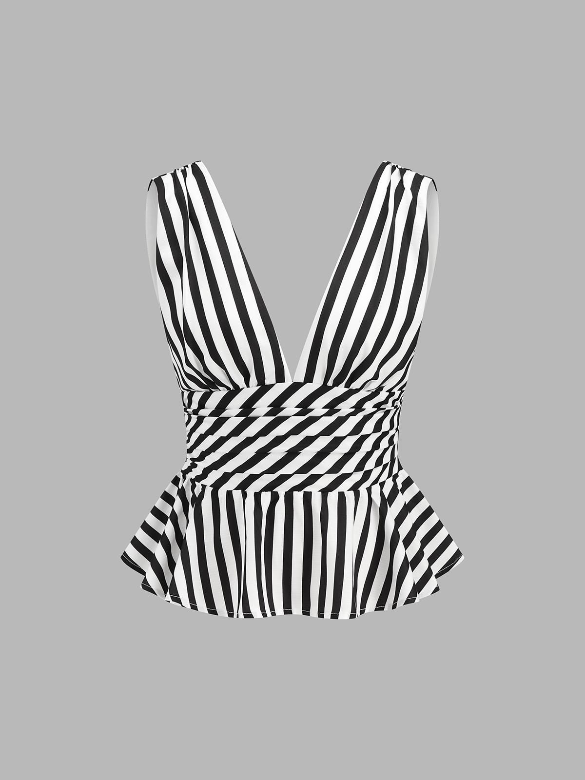 Striped Deep V Peplum Sleeveless Top Women's Casual Summer Blouse