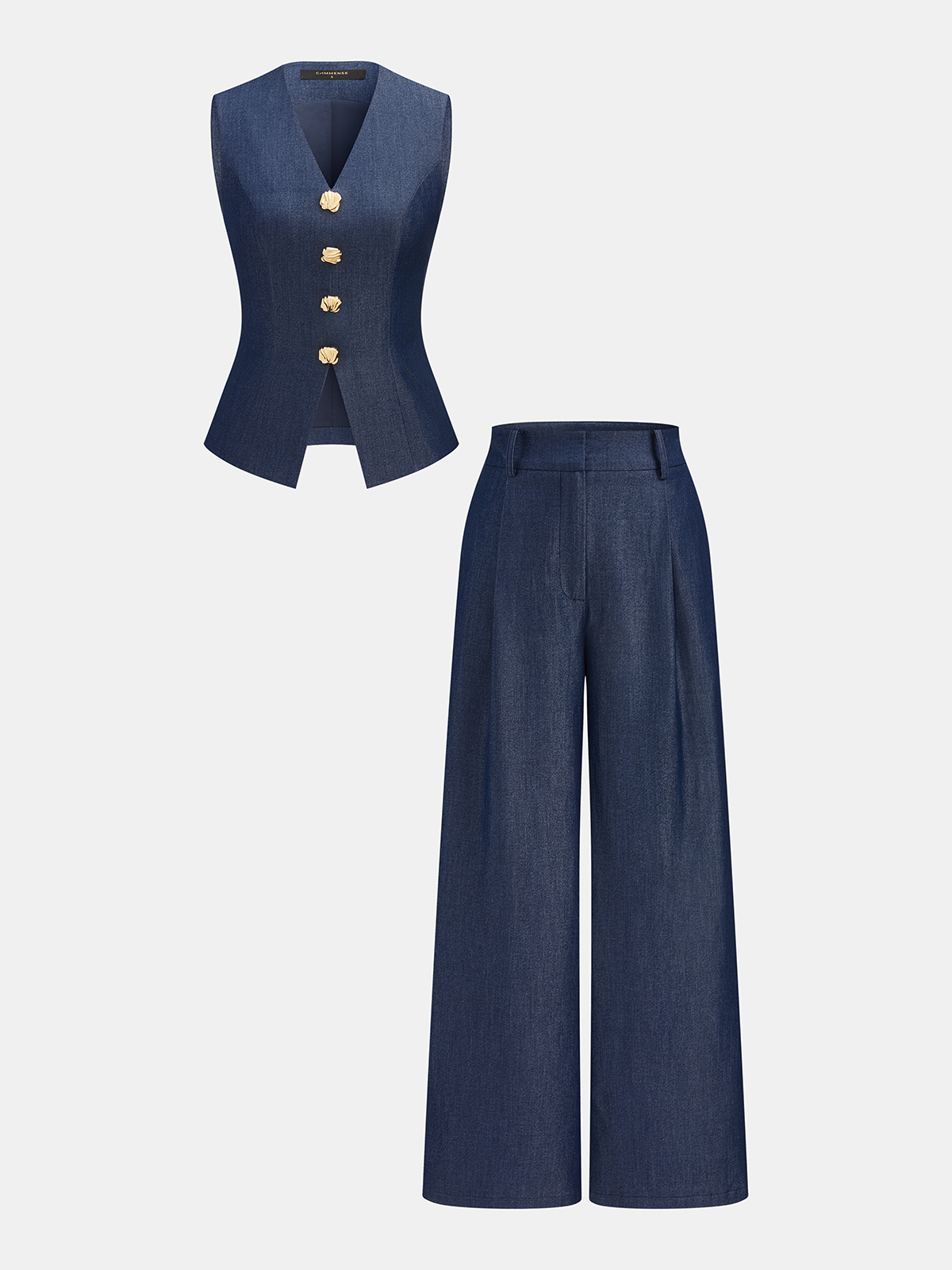 Metal Detail Vest & Wide Leg Pants Set with Belt Accessory