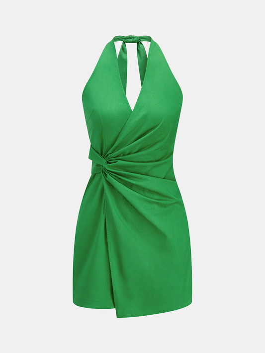 Twisted Halter Cotton Linen Mini Dress Summer Casual Wear