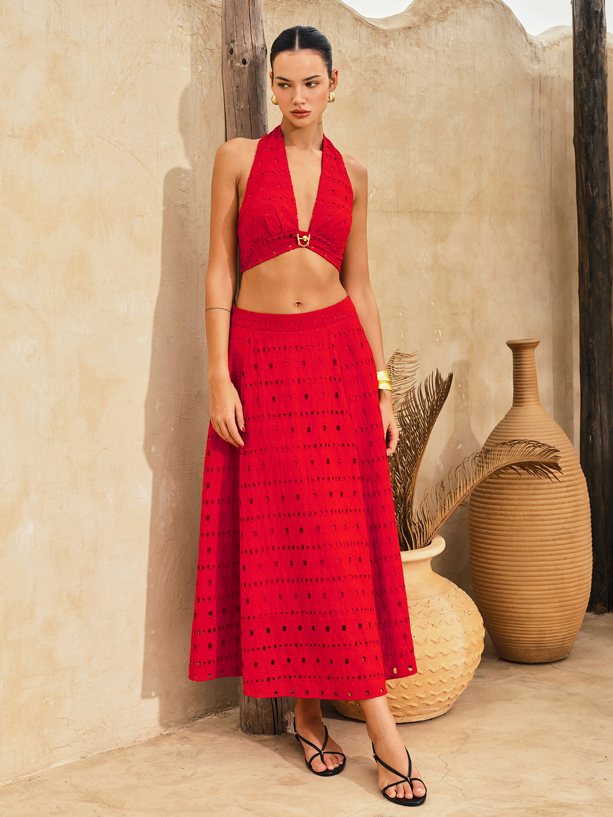 Eyelet Halter Crop Top & Floral Maxi Skirt Set for Women