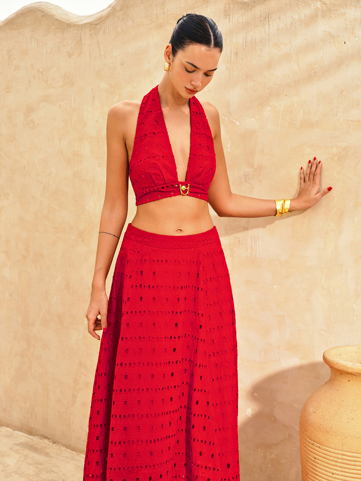 Eyelet Halter Crop Top & Floral Maxi Skirt Set for Women