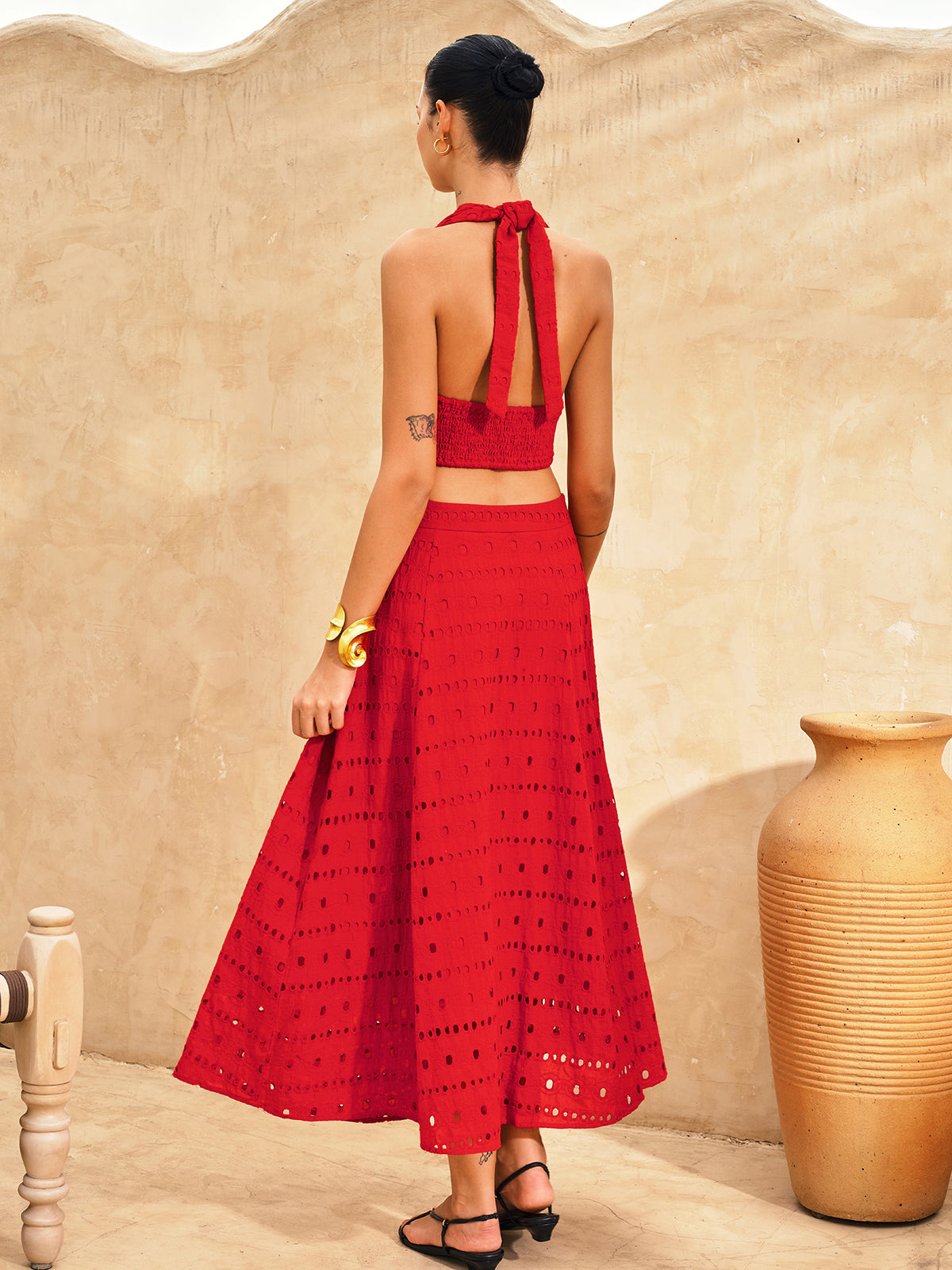 Eyelet Halter Crop Top & Floral Maxi Skirt Set for Women