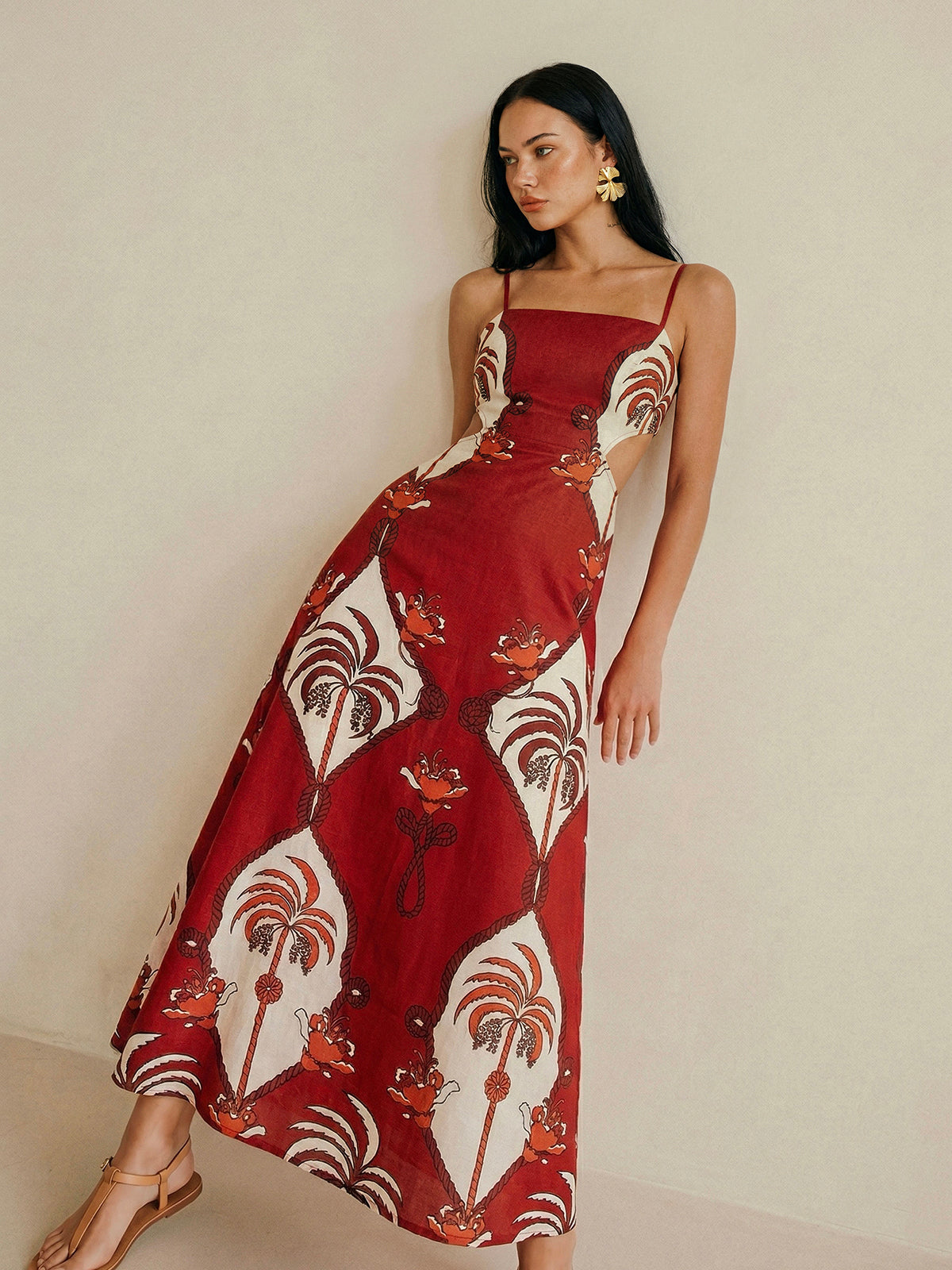 Tropical Print Cut-Out Cami Maxi Dress with Side Slit Detail