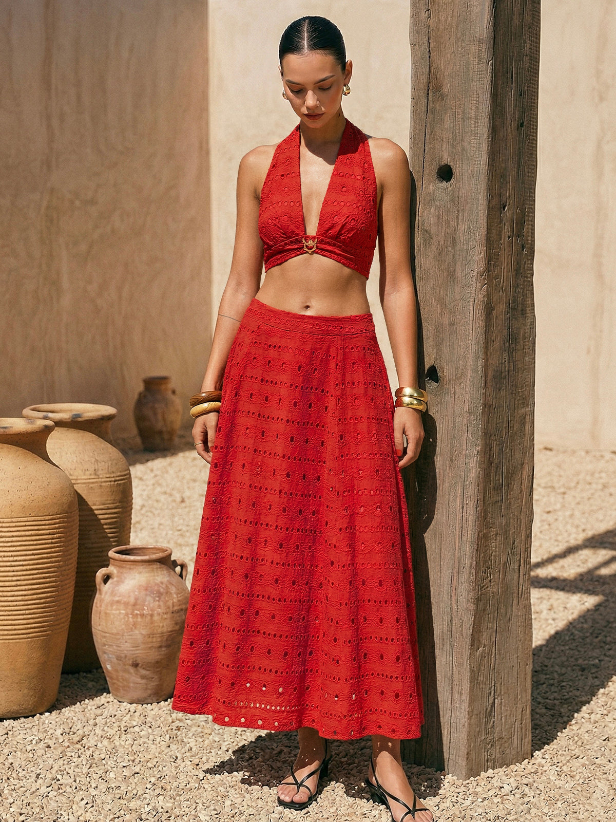 Eyelet Halter Crop Top & Floral Maxi Skirt Set for Women