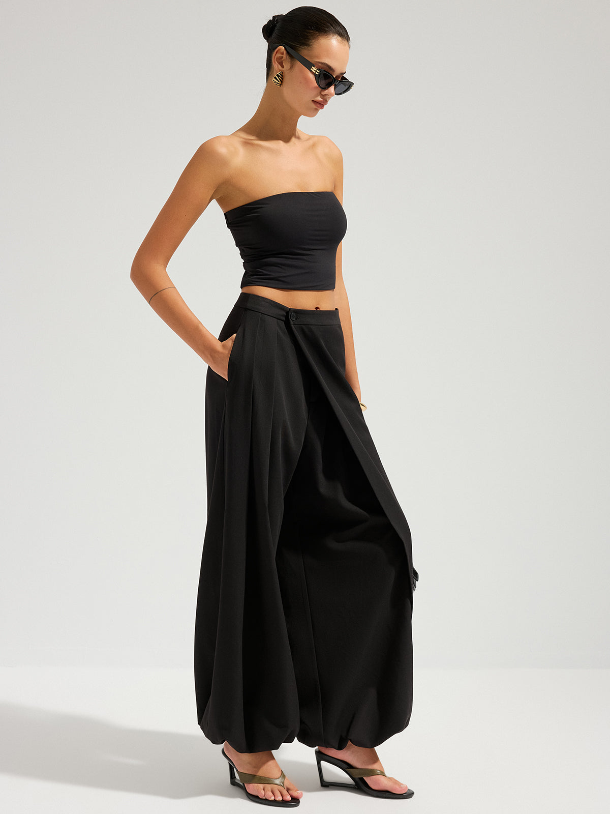 Asymmetric Overlay Balloon Wide-Leg Pants - Trendy High Waist Palazzo Style