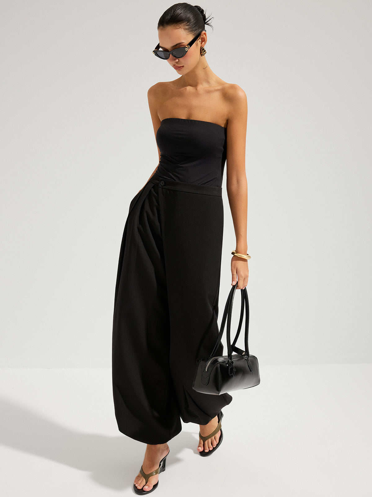 Asymmetric Overlay Balloon Wide-Leg Pants - Trendy High Waist Palazzo Style