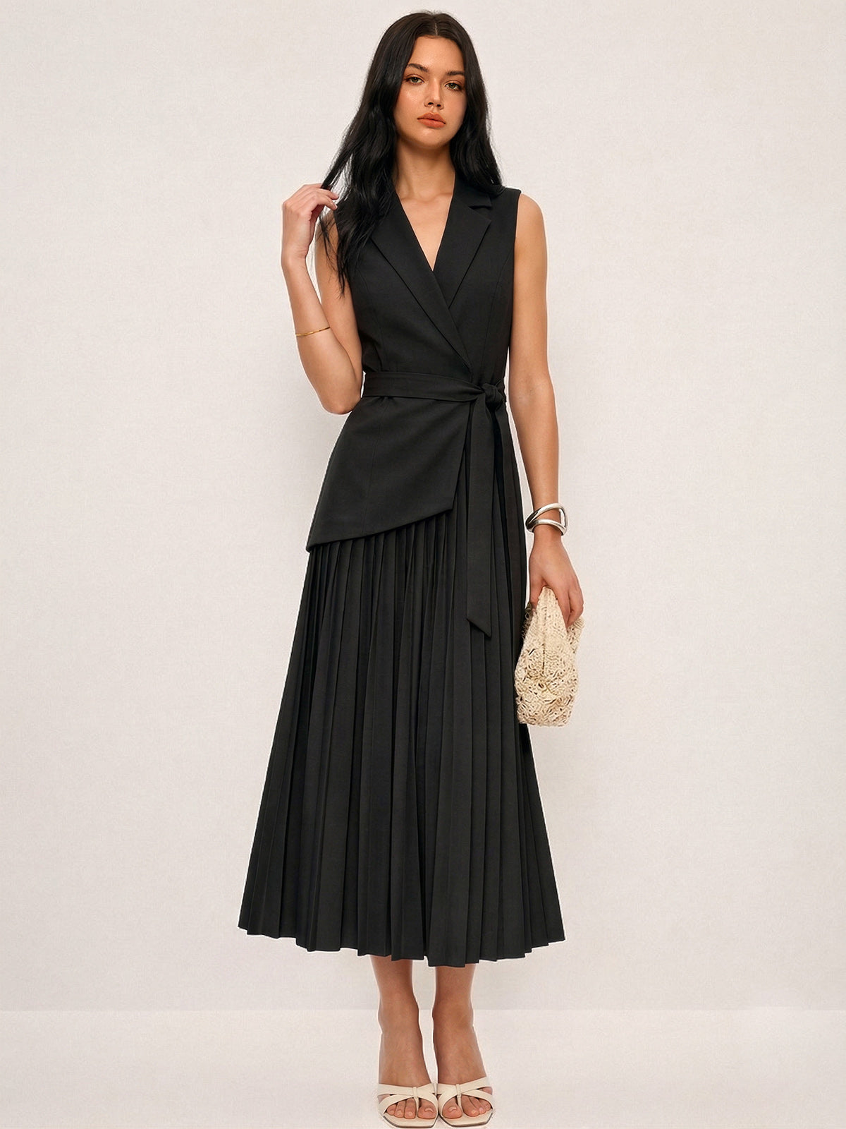 Sleeveless Belted Pleated Blazer Dress for Women, Elegant Workwear