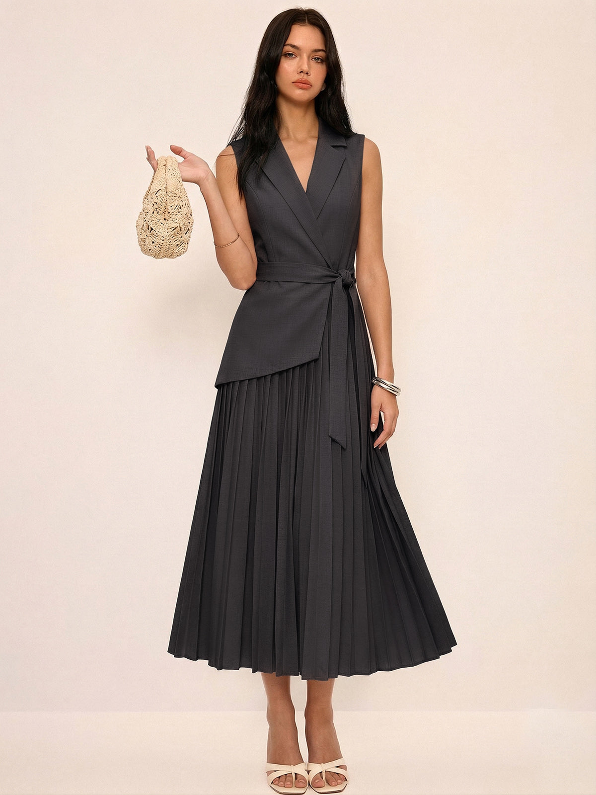 Sleeveless Belted Pleated Blazer Dress for Women, Elegant Workwear