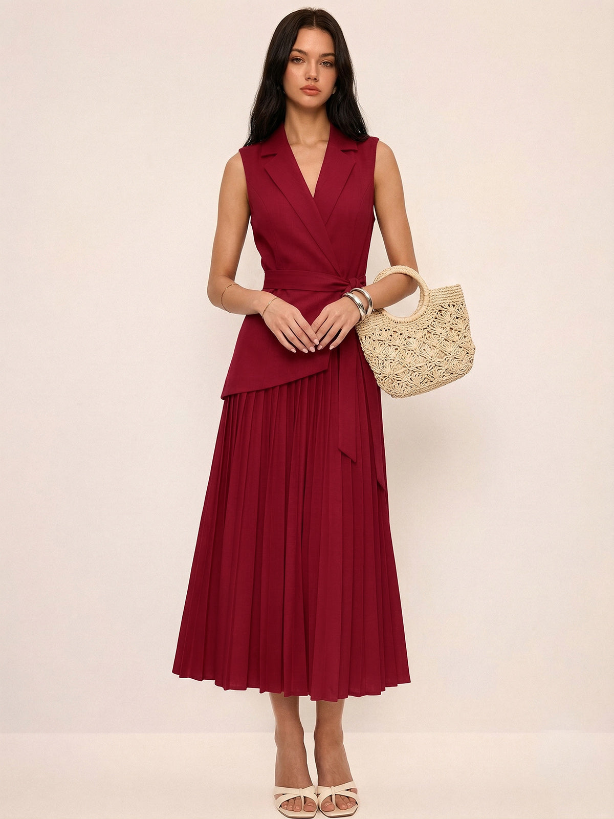 Sleeveless Belted Pleated Blazer Dress for Women, Elegant Workwear