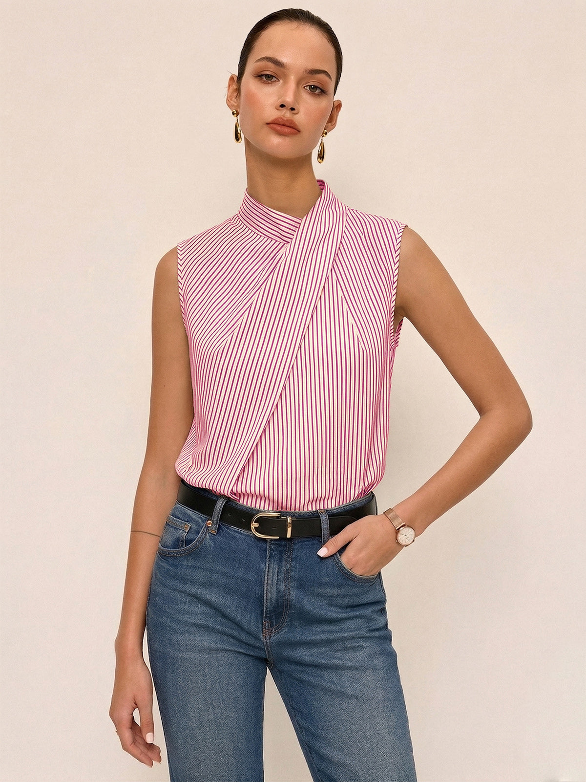 Sleeveless Striped High Neck Blouse for Women Trendy Casual Style