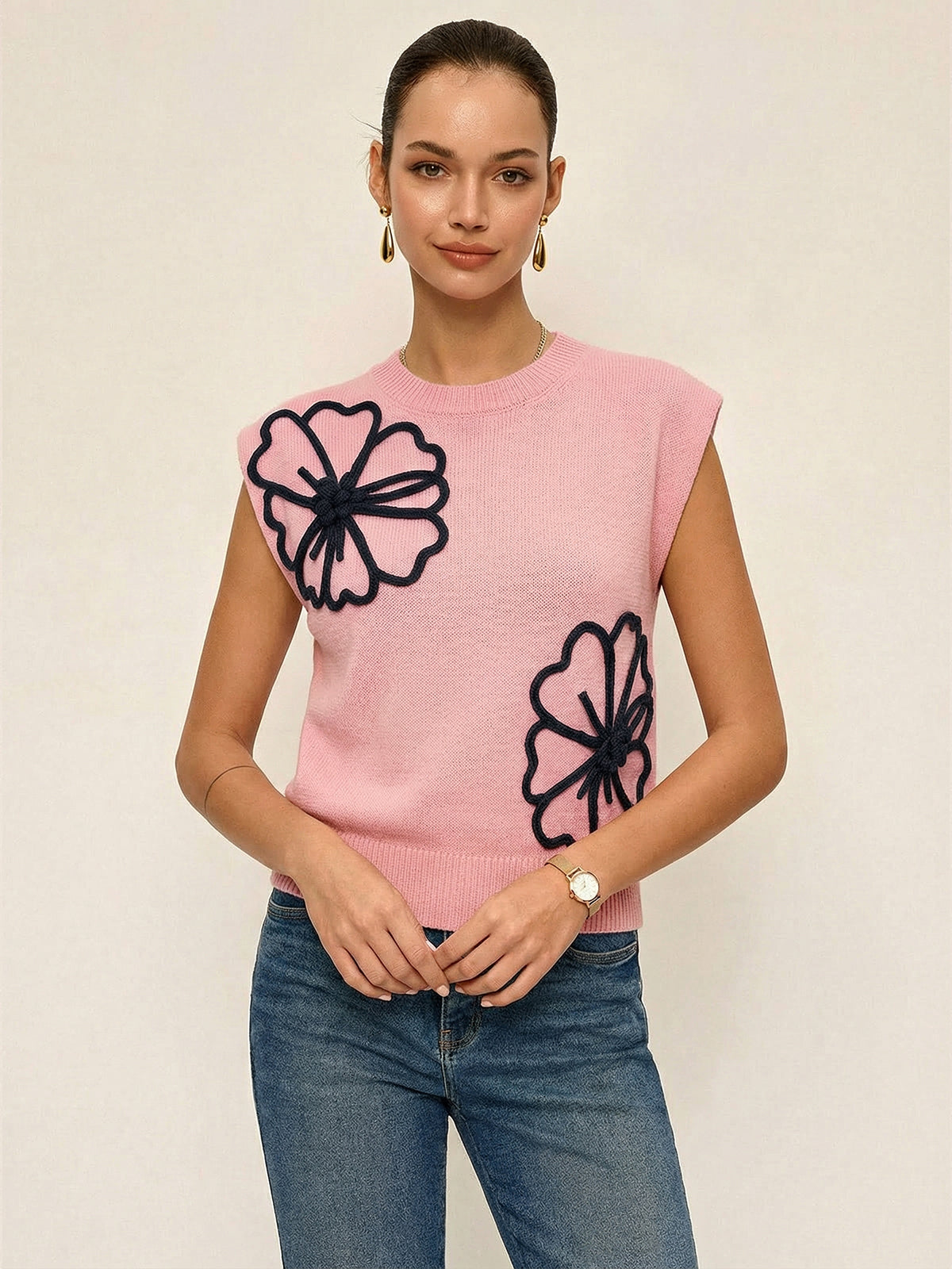 3D Floral Appliqué Knit Vest for Women Spring Collection