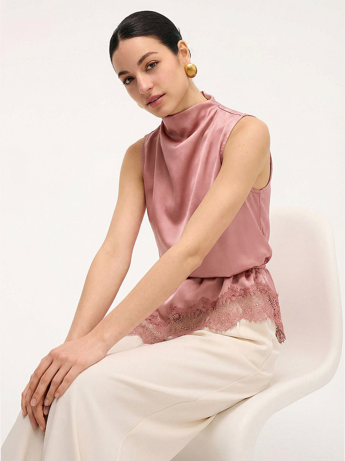 Lace Trim Satin Sleeveless Blouse Elegant Casual Summer Top