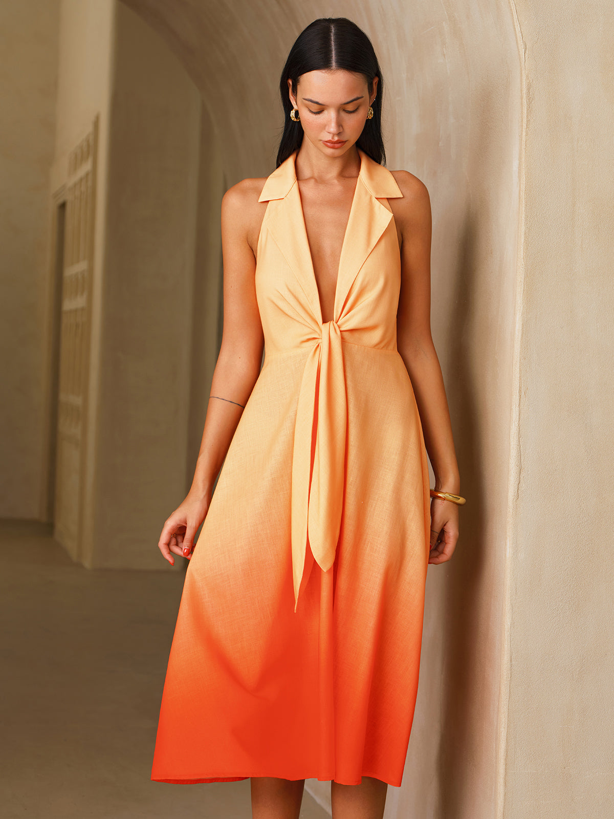 Tie Detail Gradient Halter Neck Midi Dress for Summer Beachwear