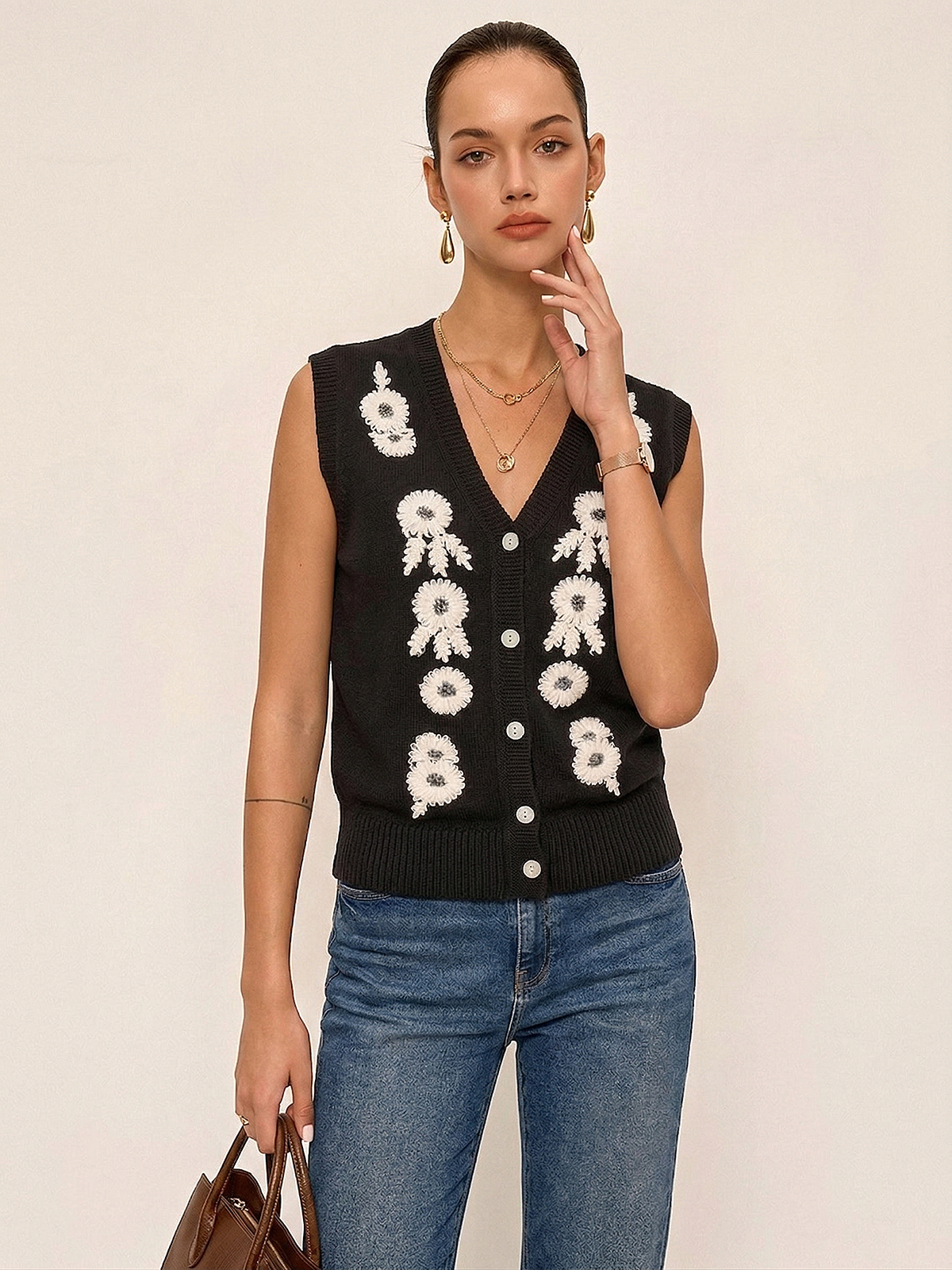 3D Floral Embroidered V-Neck Knit Vest for Women Casual Layering