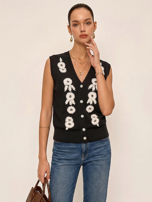 3D Floral Embroidered V-Neck Knit Vest for Women Casual Layering