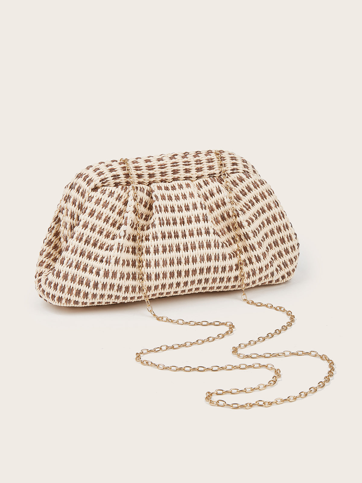 Houndstooth Woven Ruched Clutch Bag with Shoulder Strap