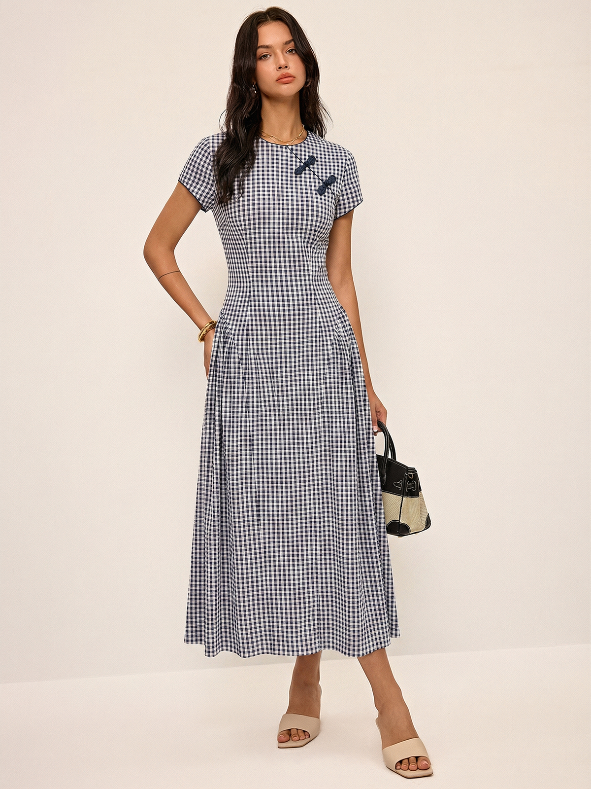 Gingham Frog Button Short Sleeve Midi Dress Summer Casual Chic