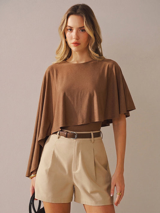 Asymmetric Cape Sleeve Slinky Knit Bodysuit for Women, Stretchy Elegant Top