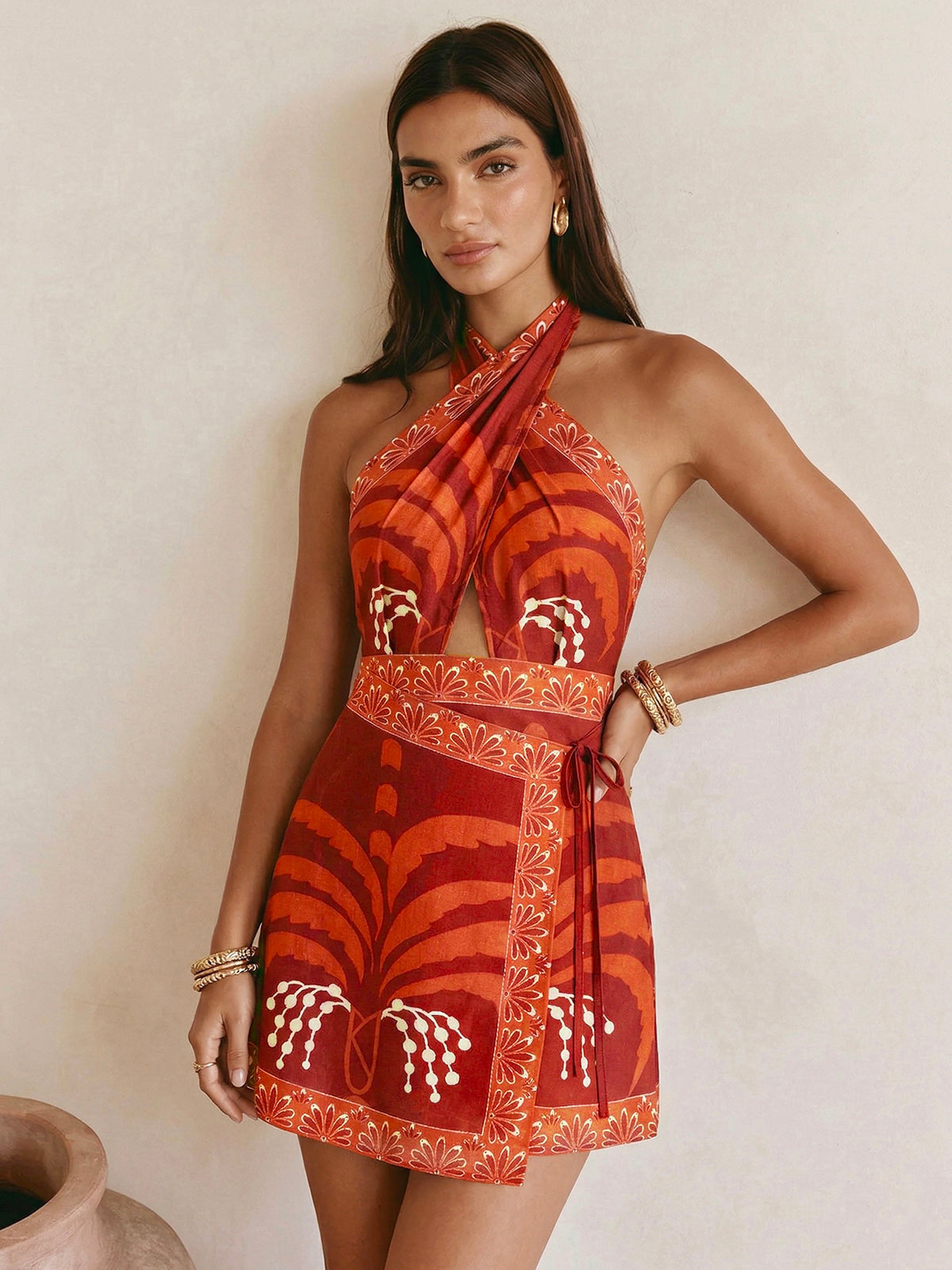 Tropical Print Halter Wrap Mini Dress for Women Summer Beachwear