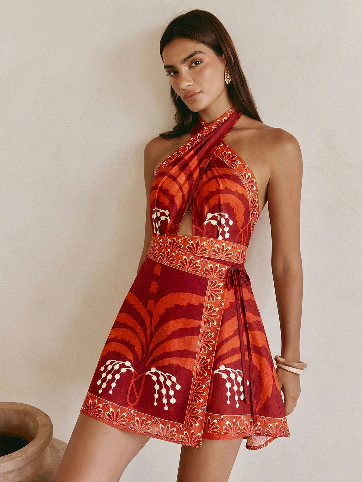Tropical Print Halter Wrap Mini Dress for Women Summer Beachwear