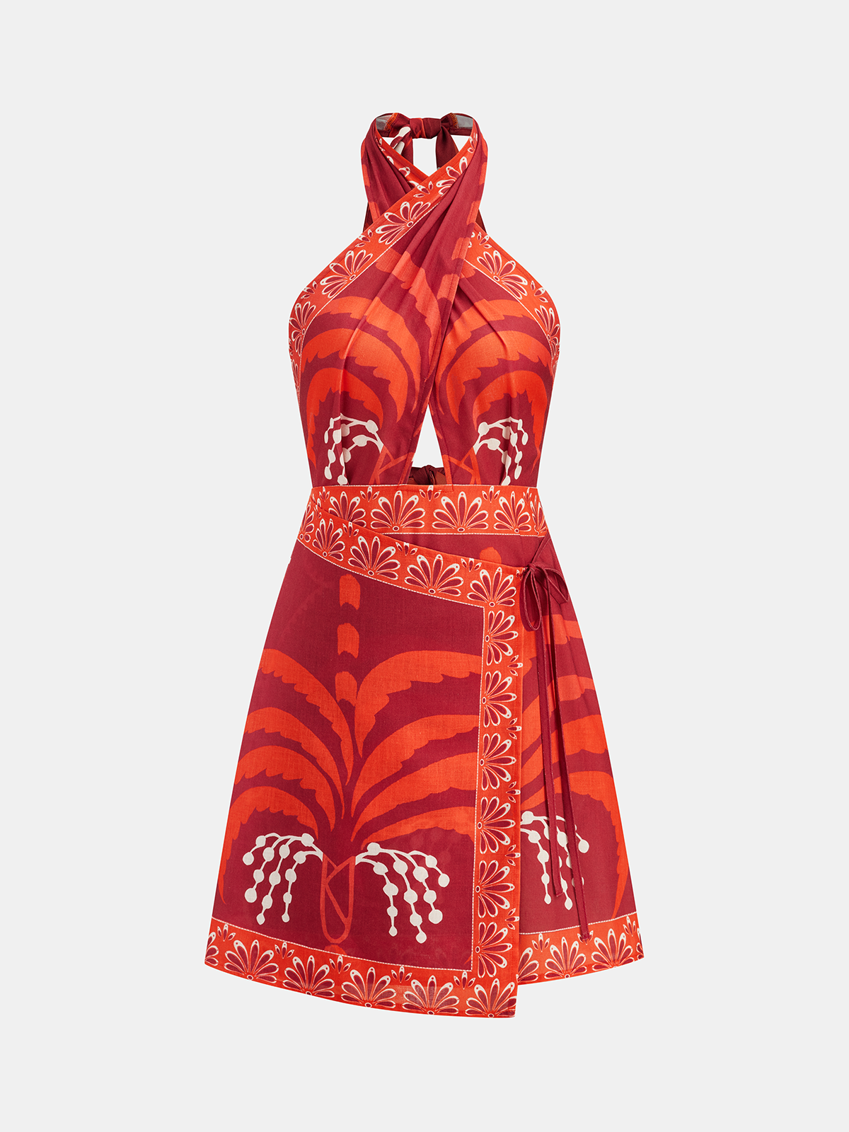 Tropical Print Halter Wrap Mini Dress for Women Summer Beachwear