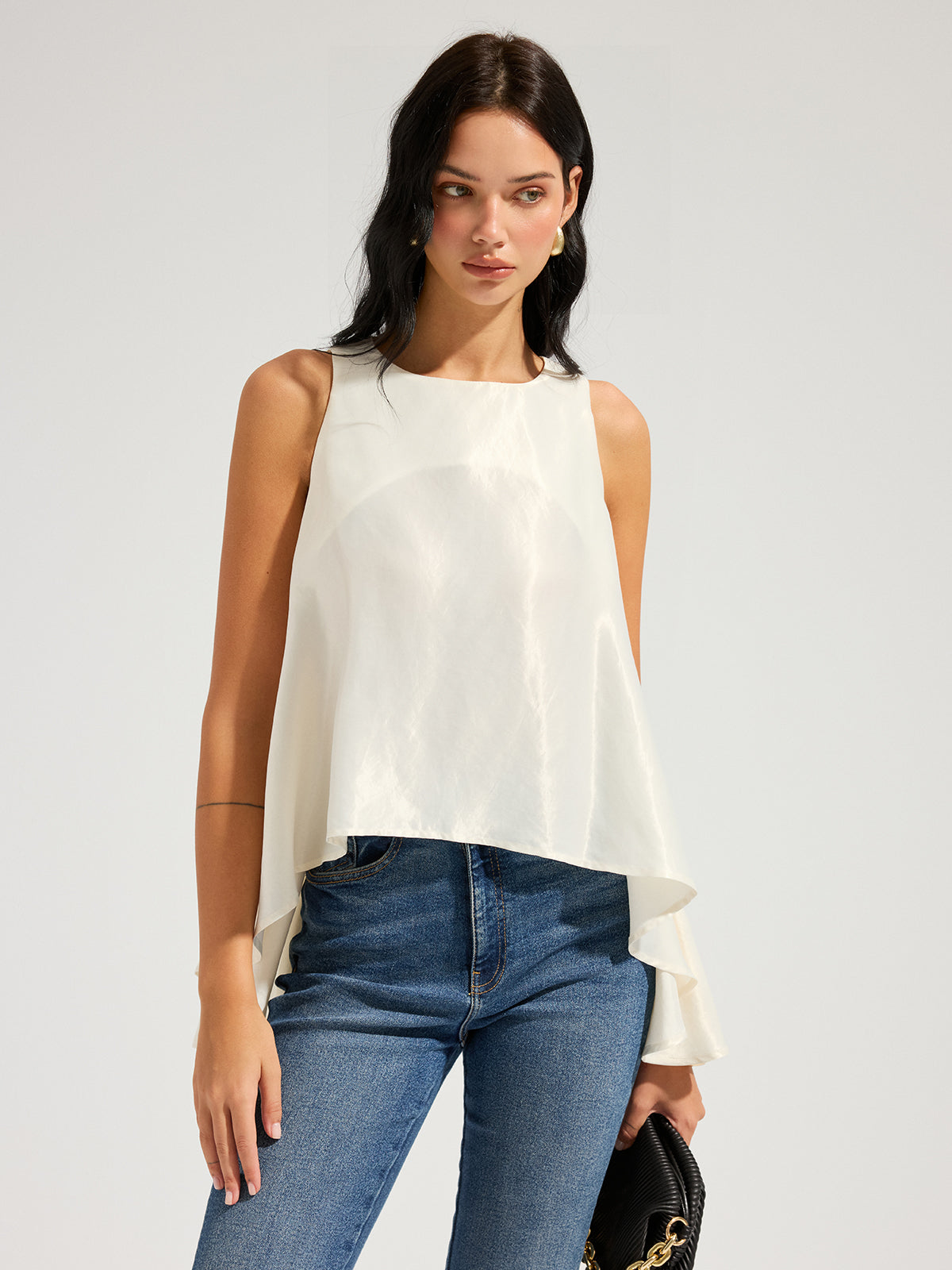 Sleeveless Flowy Asymmetric Ruffled Blouse for Women Casual Spring