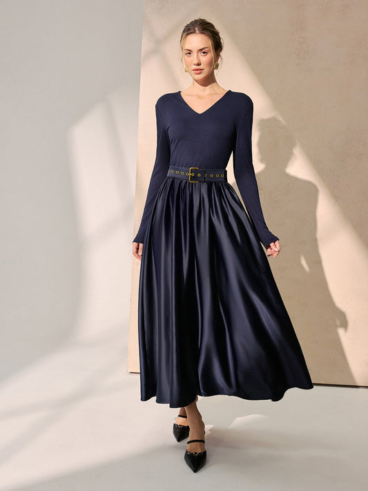 Belted Satin Panel V-Neck Long Sleeve Maxi Dress for Elegant Evenings