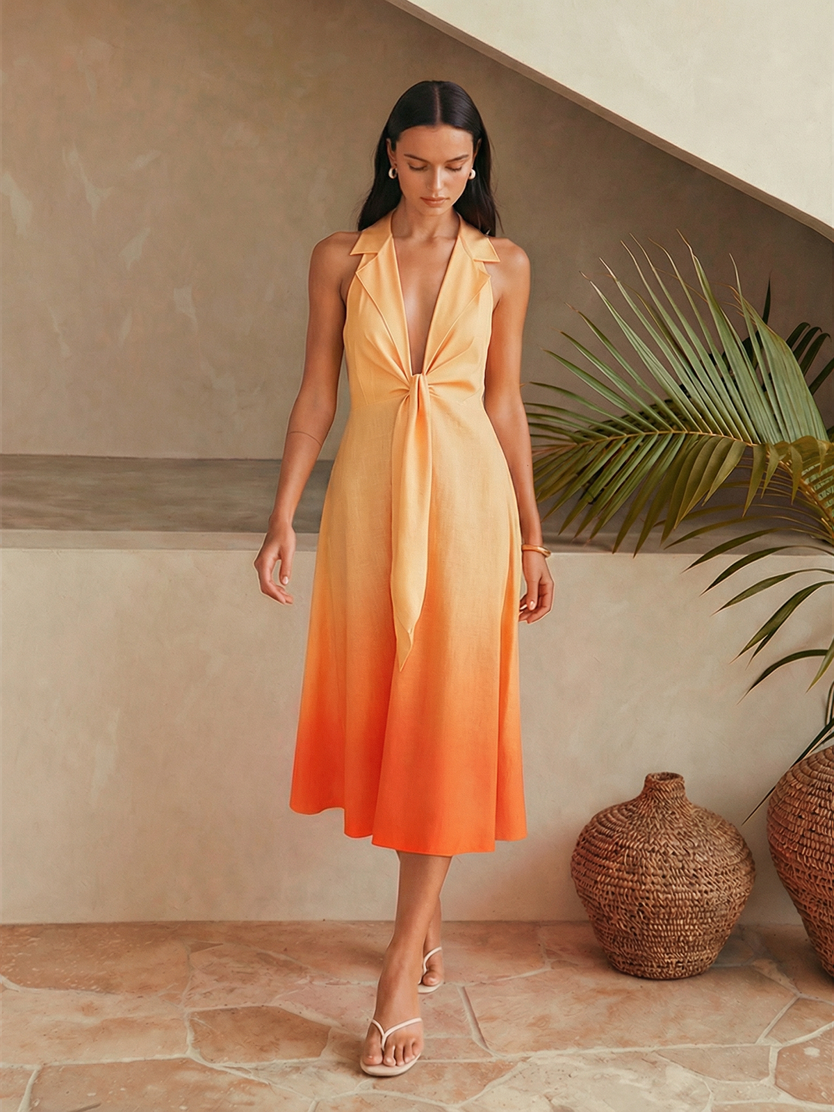 Tie Detail Gradient Halter Neck Midi Dress for Summer Beachwear