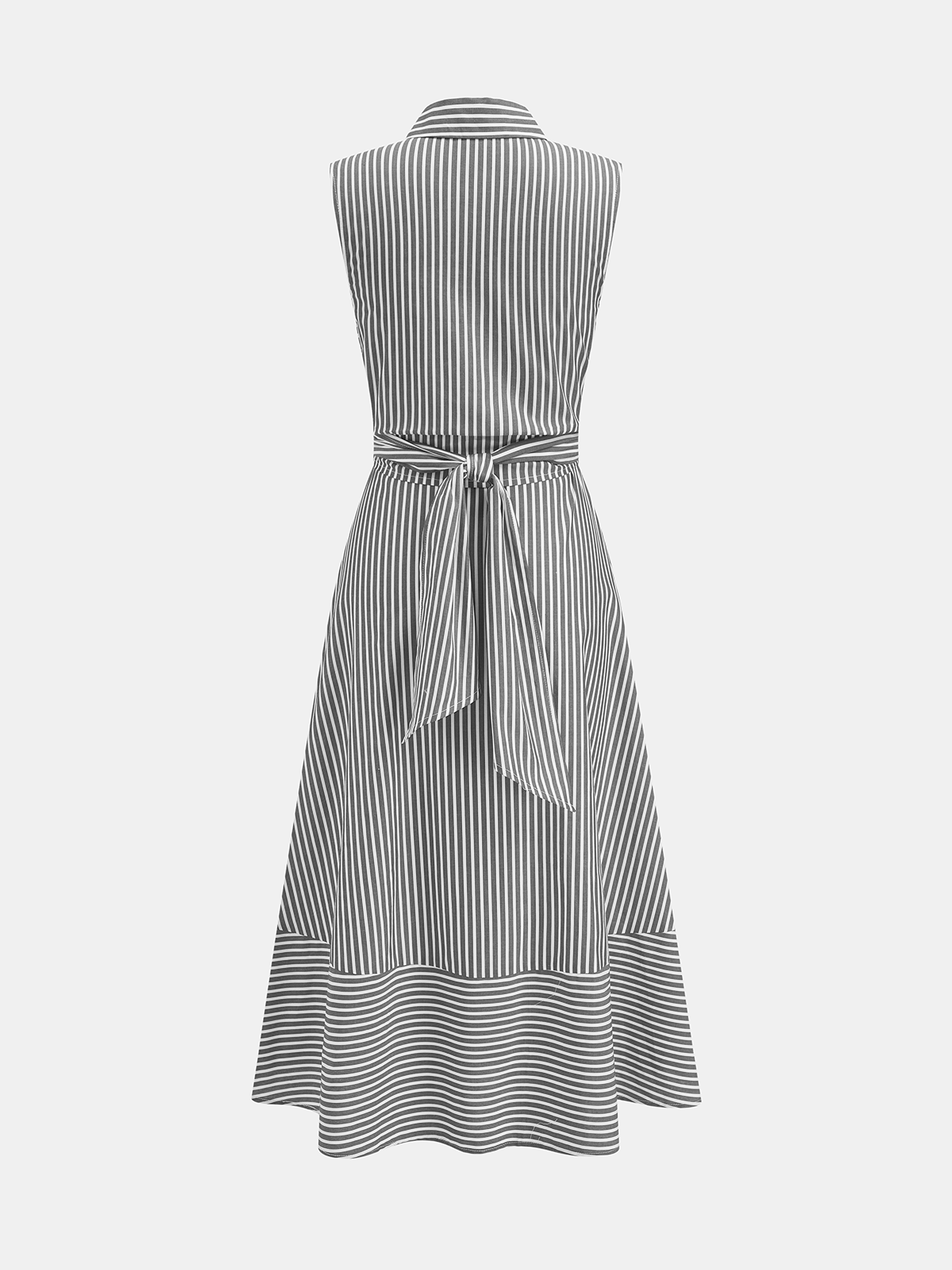 Striped Collared Sleeveless Tie Waist Midi Dress with Side Pockets