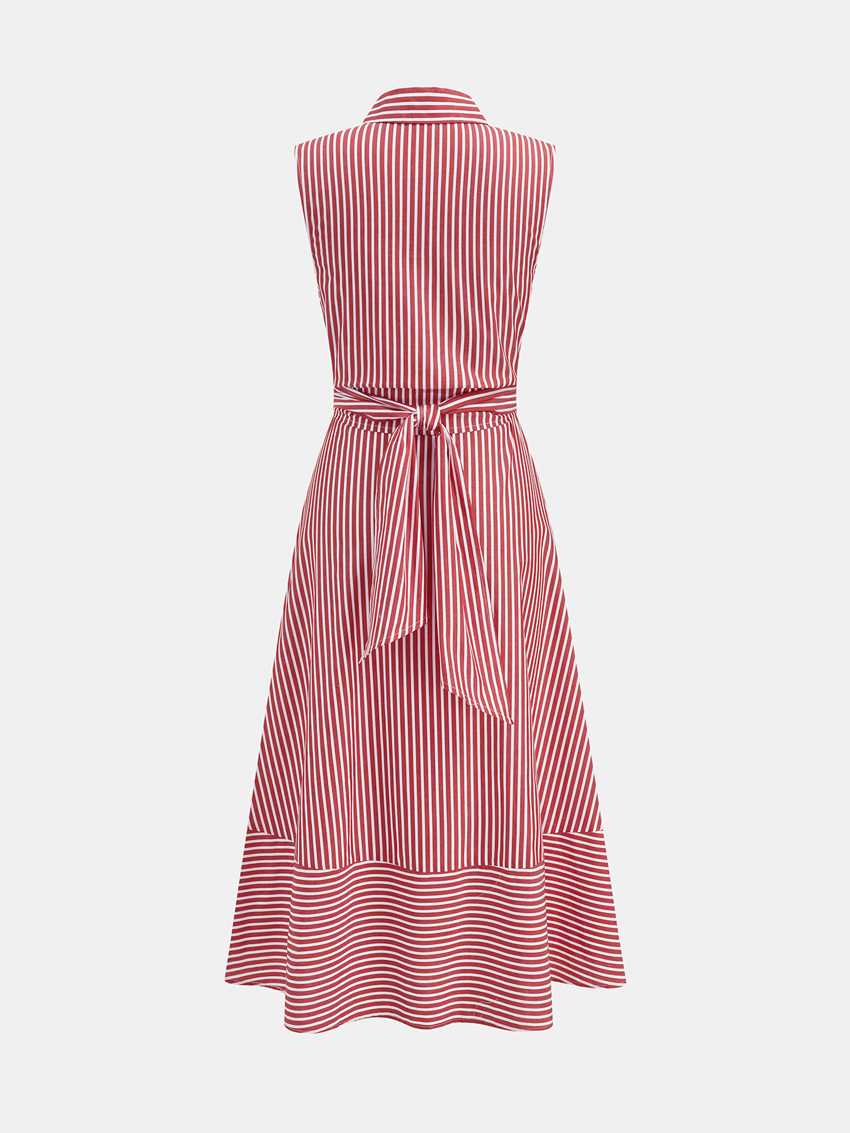 Striped Collared Sleeveless Tie Waist Midi Dress with Side Pockets