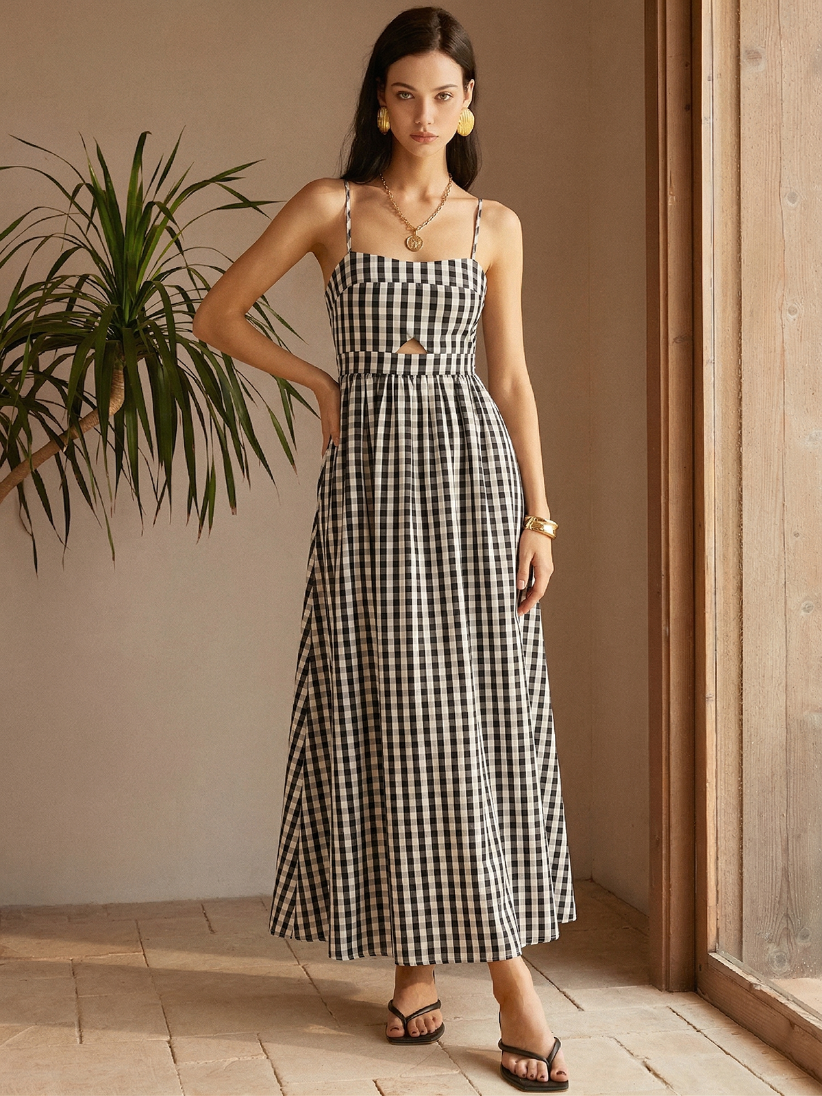 Gingham Cotton Blend Cutout Cami Maxi Dress with Side Slits and Adjustable Straps
