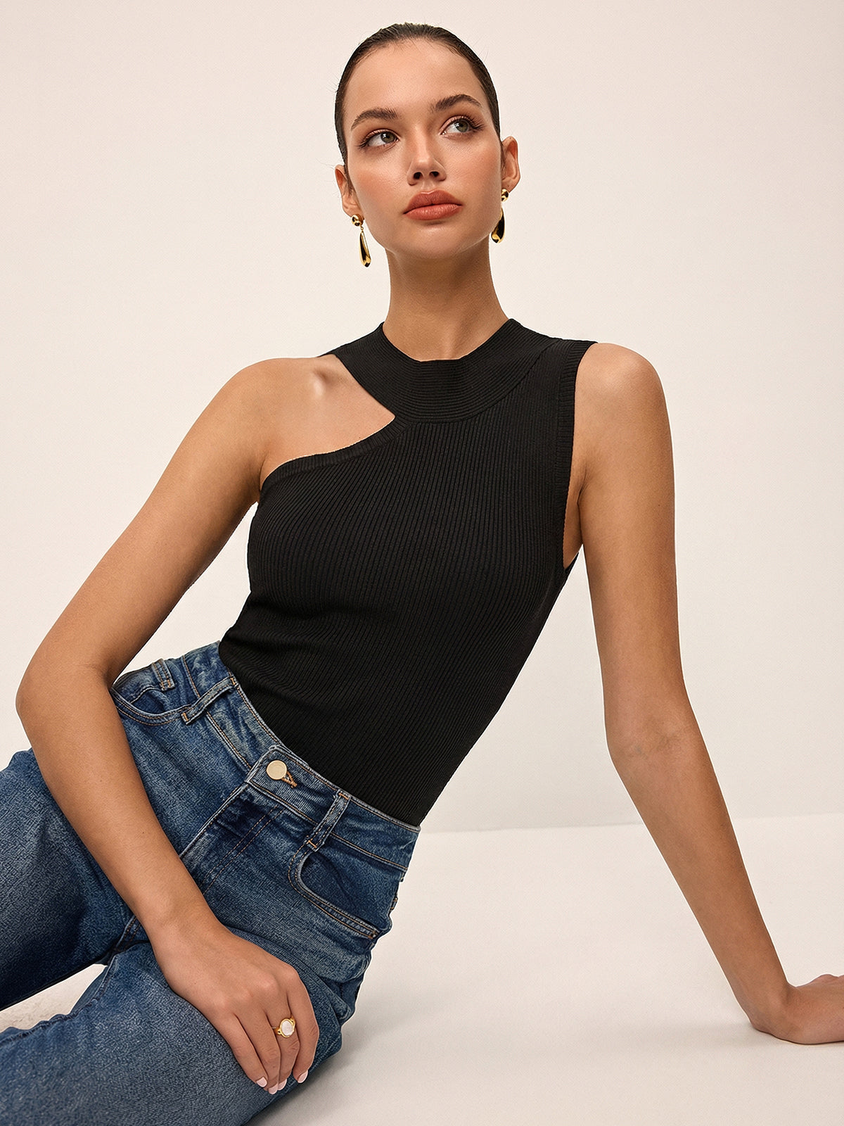Asymmetrical Cut-Out Ribbed Knit Tank Top for Women Summer Fashion