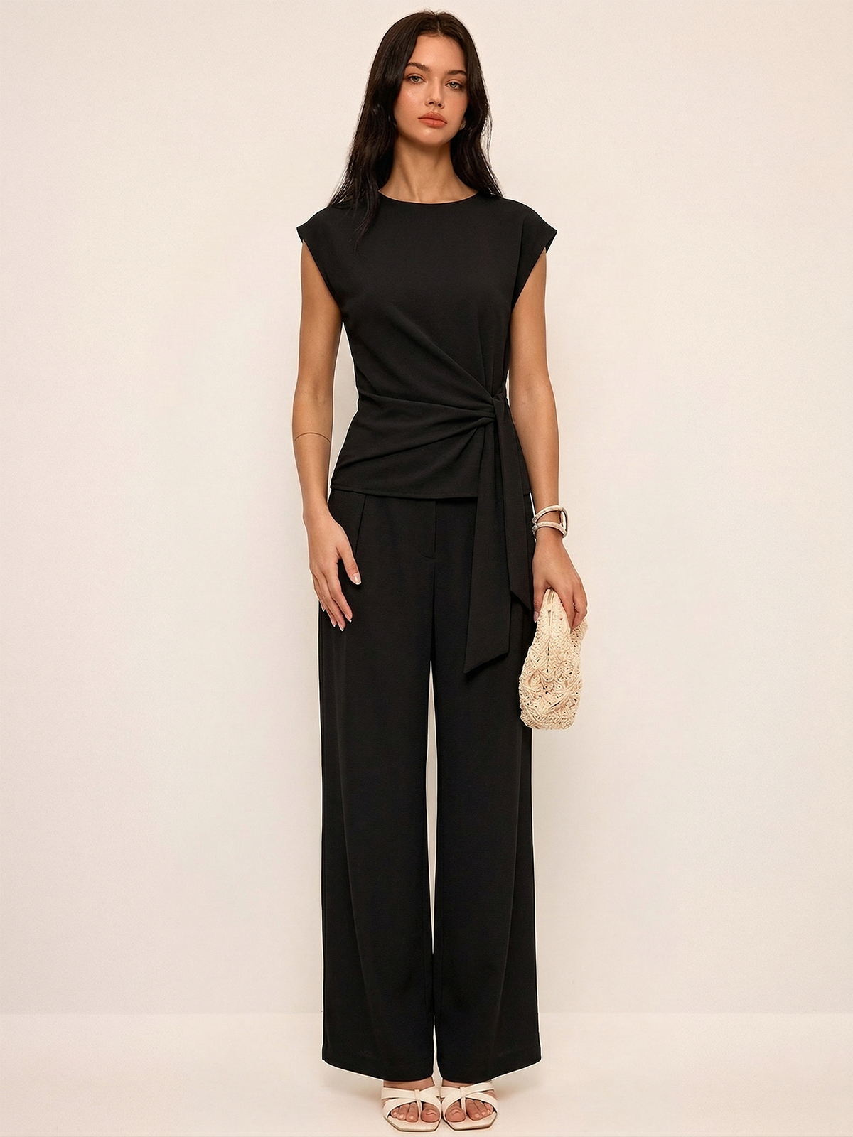 Tie Waist Sleeveless Top & Wide Leg Pants Set Women's Casual Summer Outfit