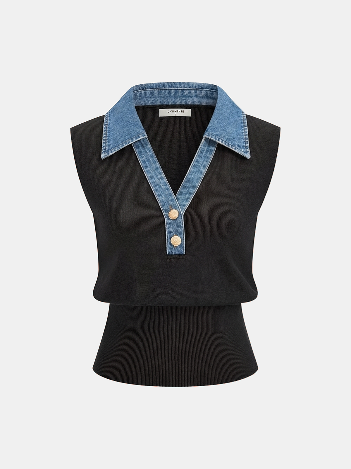 Denim Collar Metal Button Sleeveless Knit Vest, Casual Layering Fashion Piece