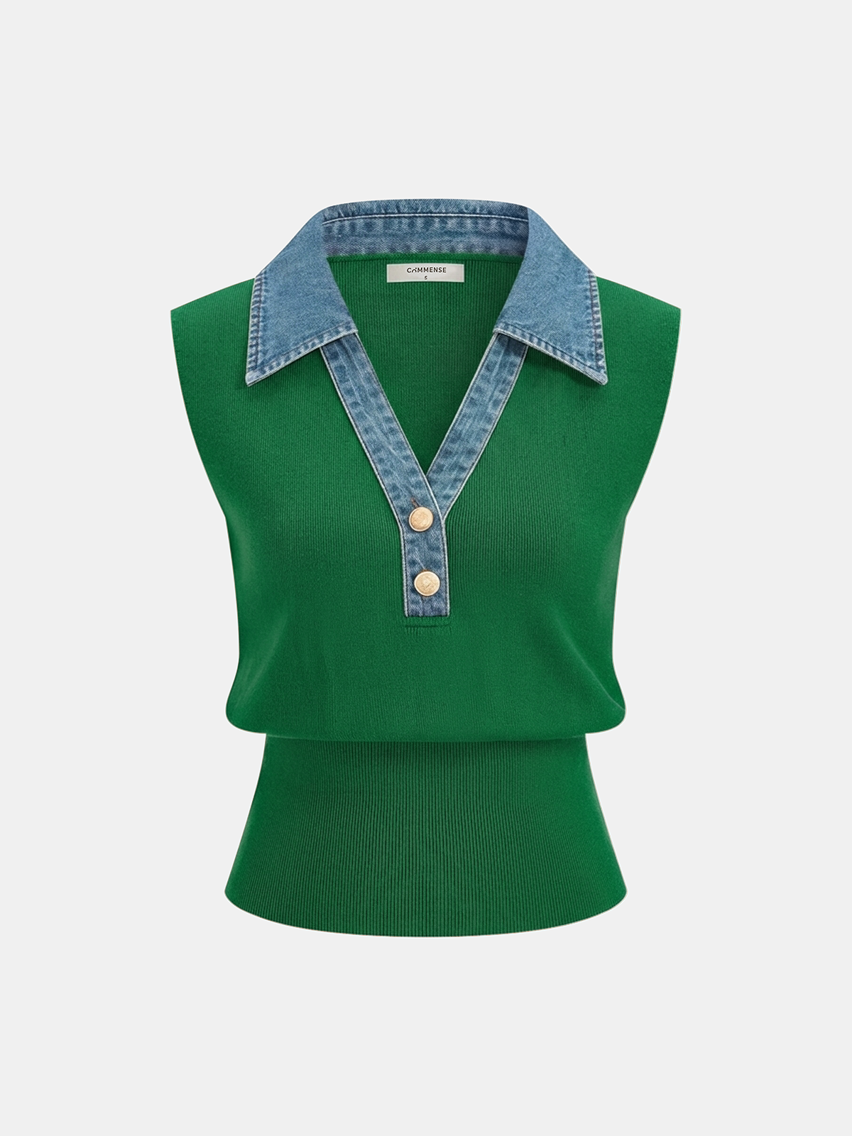 Denim Collar Metal Button Sleeveless Knit Vest, Casual Layering Fashion Piece