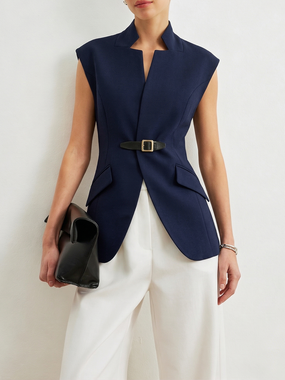 Notch Lapel Buckle Detail Women's Fashion Blazer Vest for Work