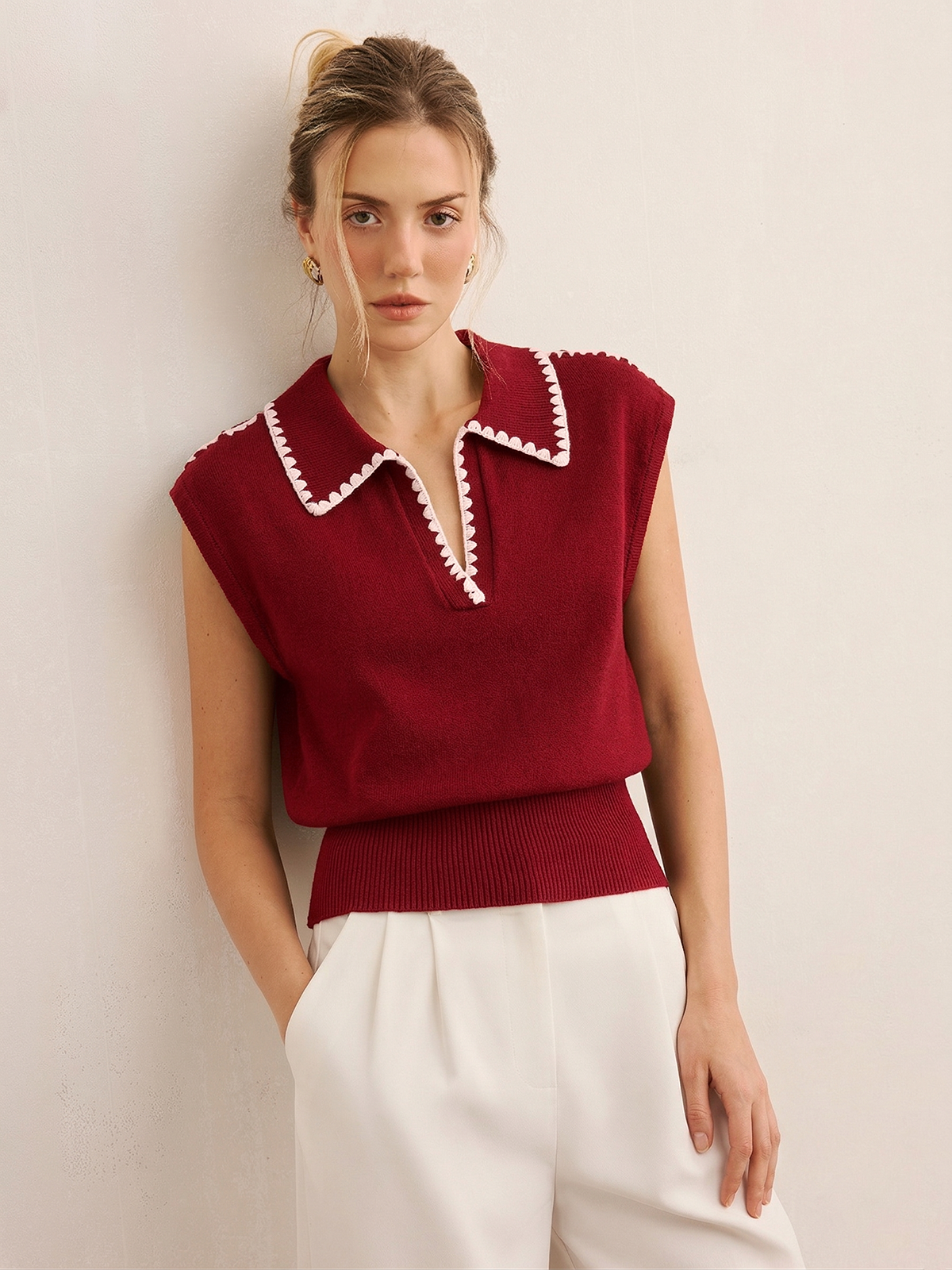 Contrast Trim Sleeveless Knit Polo Vest - Women's Casual Summer Top
