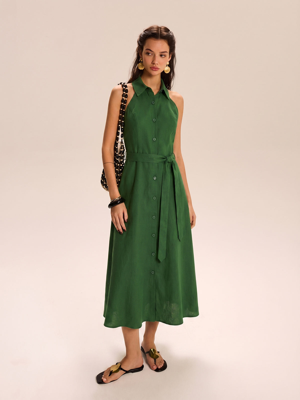 Belted Cotton Linen Halter Shirt Maxi Dress for Women, Summer Casual