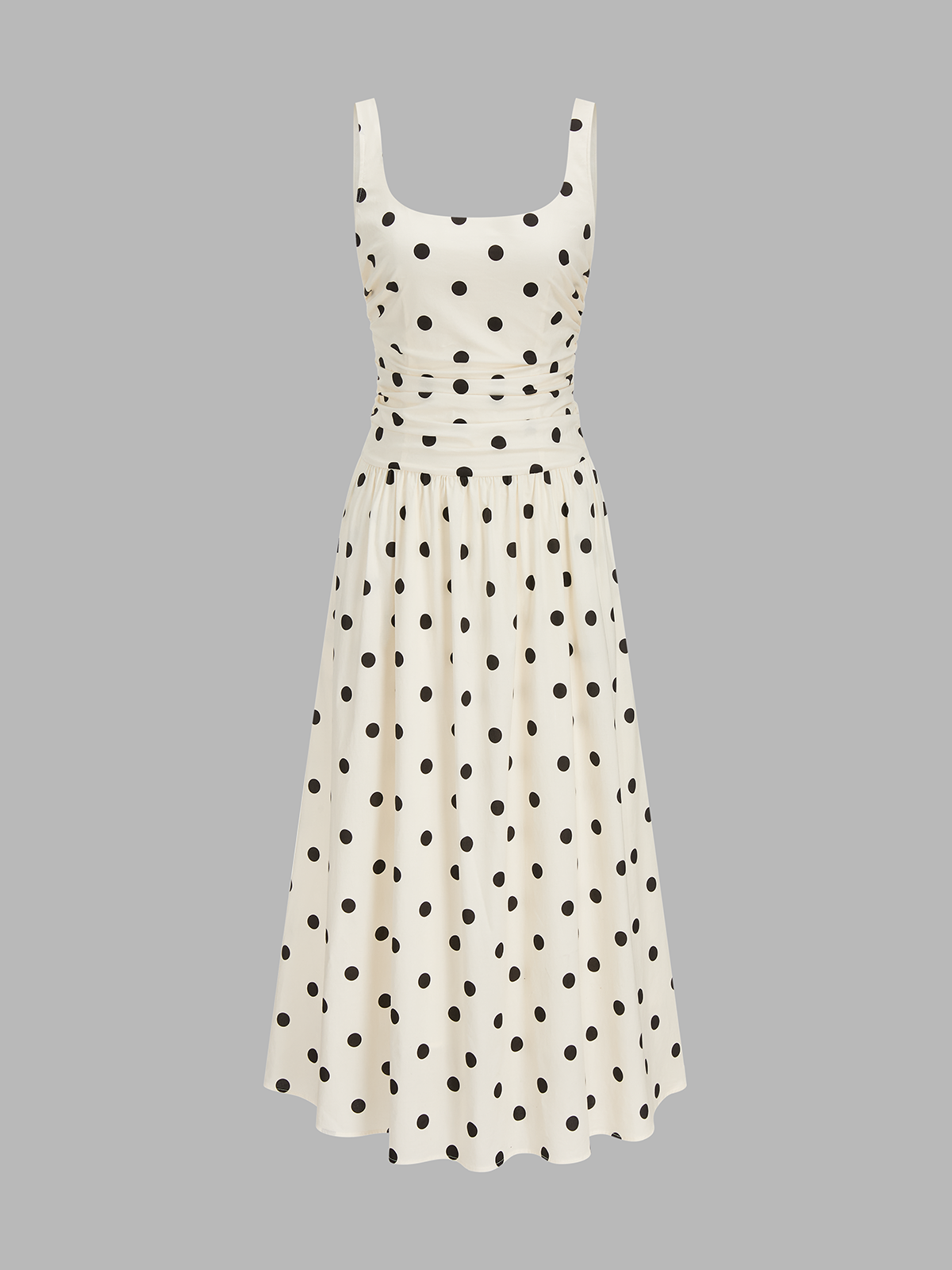 Polka Dot Ruched Cami Maxi Dress with Adjustable Straps