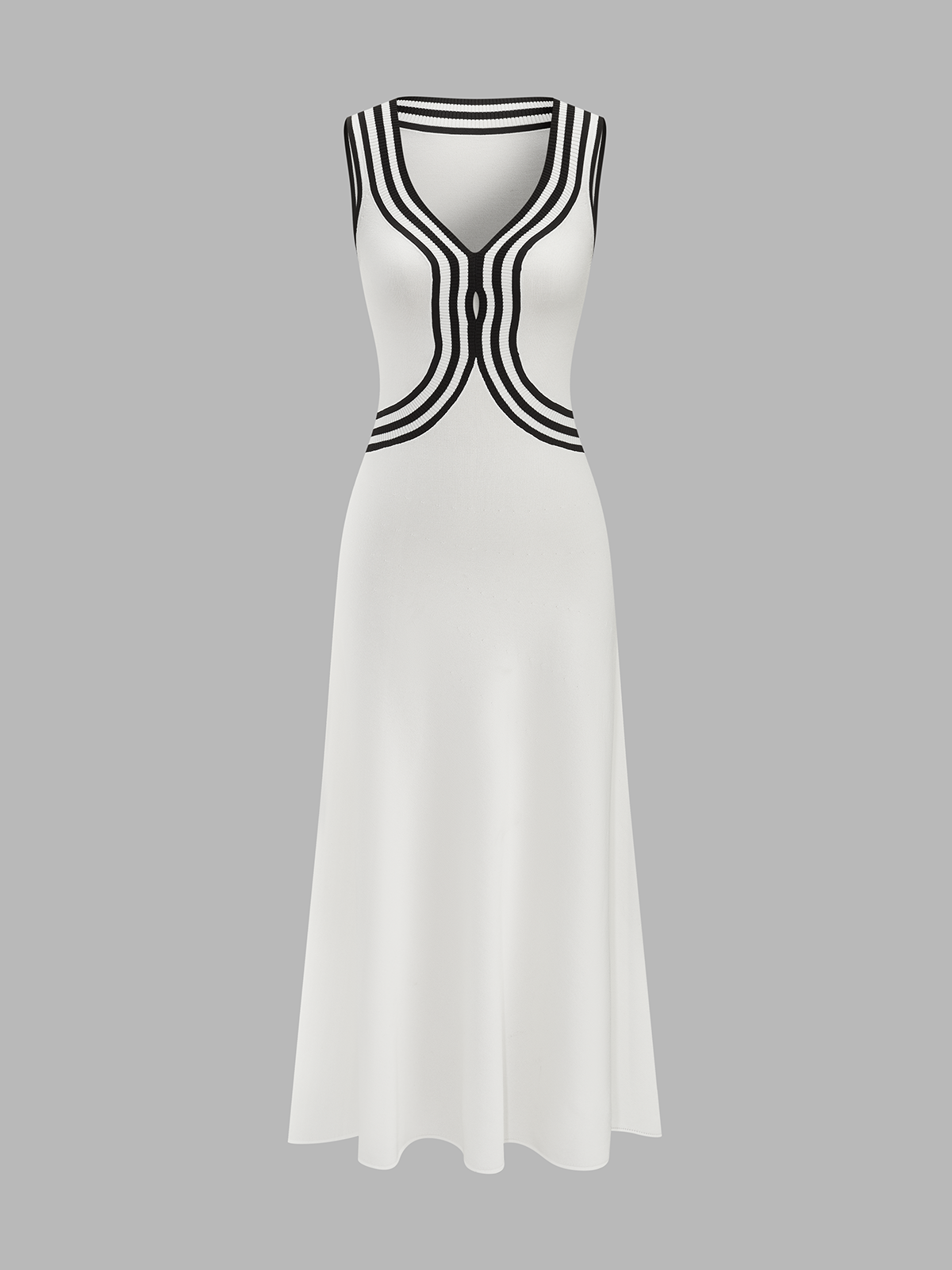 Striped Sleeveless V Neck Knit Maxi Dress with Side Slit Detail
