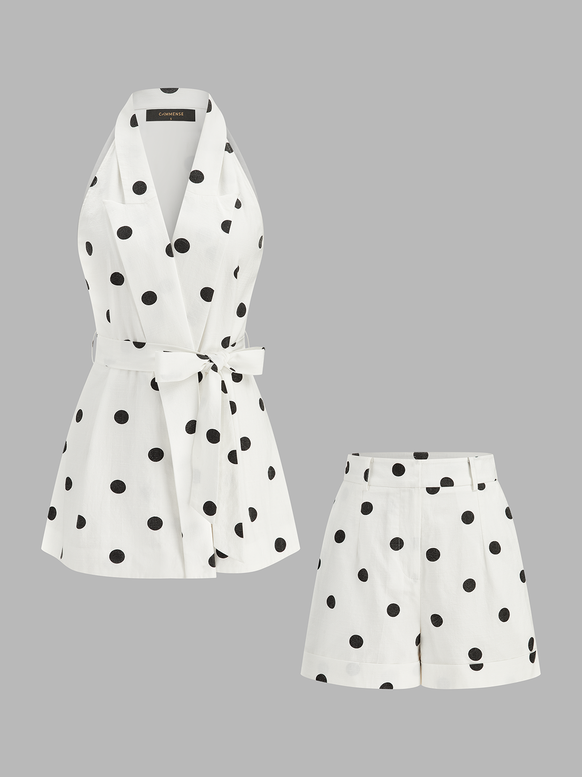 Polka Dot Belted Top & Shorts Set for Summer Casual Wear