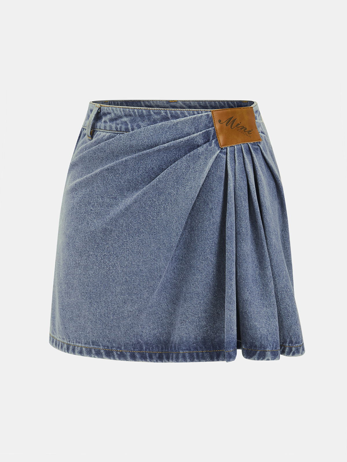 Asymmetric Pleated Denim Mini Skirt with High Waist Design